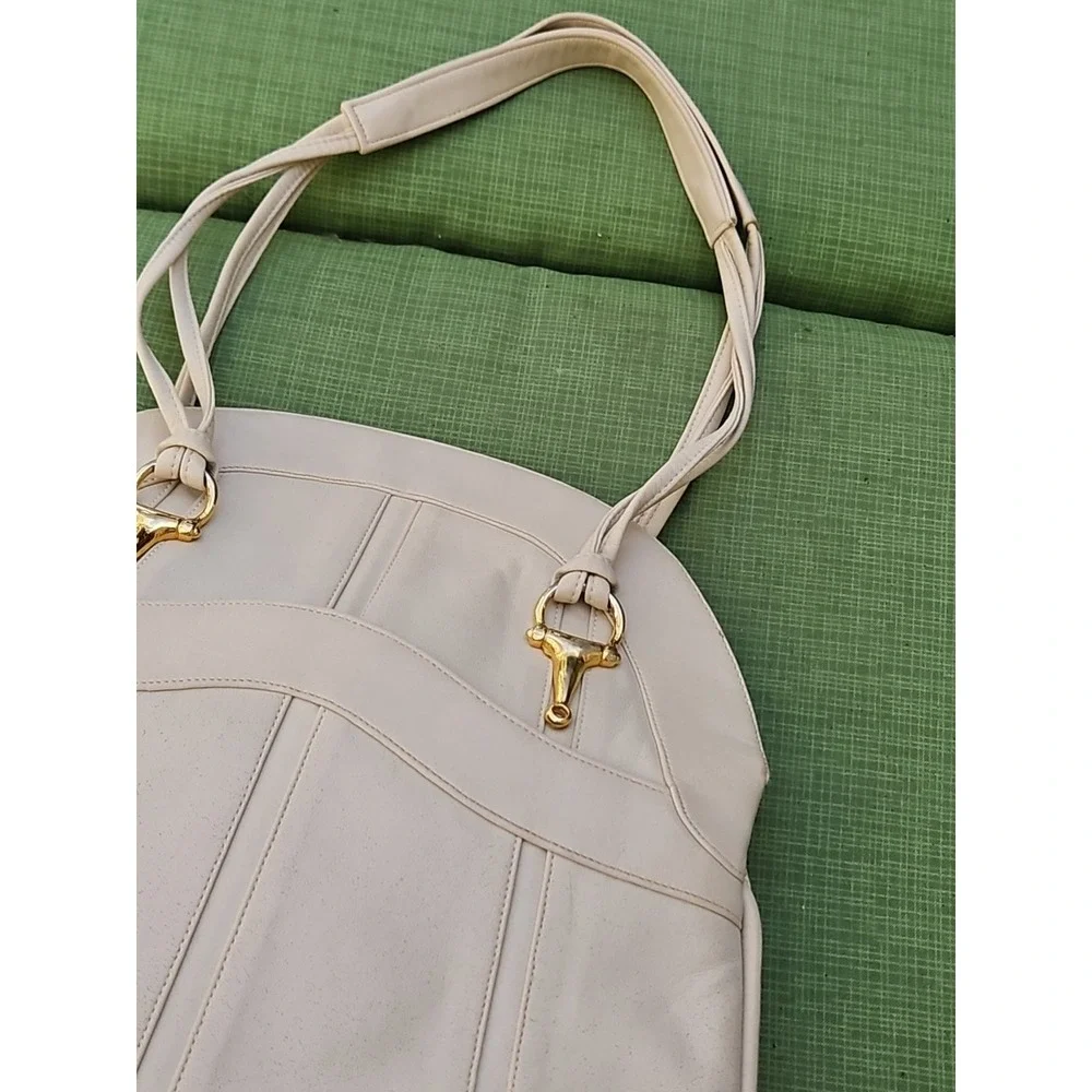 Lou Taylor Purse Italy Leather HORSE BIT Swivel Mirror Miami Vintage Cream Ivory